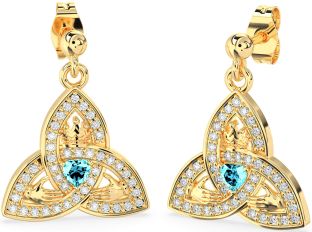 Diamond Aquamarine Gold Silver Claddagh Trinity Knot Dangle Earrings
