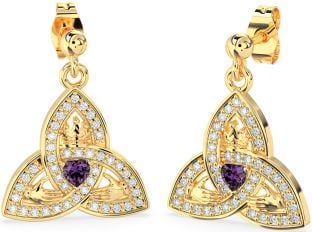 Diamond Alexandrite Gold Silver Claddagh Trinity Knot Dangle Earrings