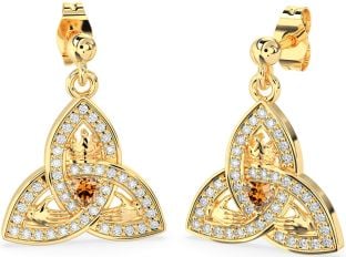 Diamond Citrine Gold Silver Claddagh Trinity Knot Dangle Earrings