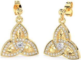 Diamond Gold Silver Claddagh Trinity Knot Dangle Earrings