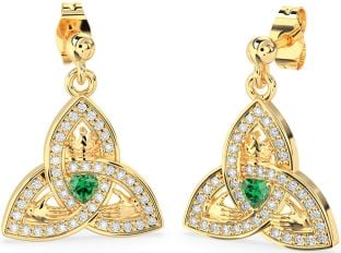 Diamond Emerald Gold Silver Claddagh Trinity Knot Dangle Earrings