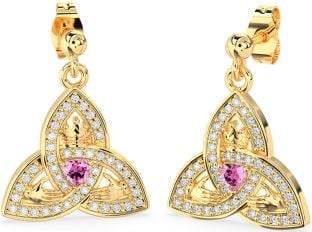 Diamond Pink Tourmaline Gold Silver Claddagh Trinity Knot Dangle Earrings