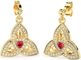 Diamond Ruby Gold Silver Claddagh Trinity Knot Dangle Earrings