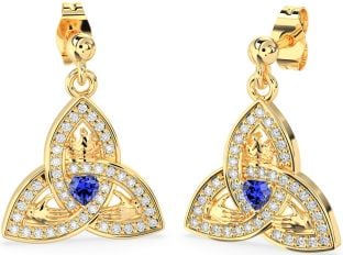 Diamond Sapphire Gold Silver Claddagh Trinity Knot Dangle Earrings