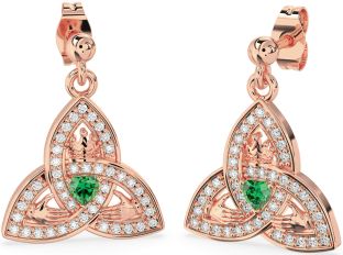 Diamond Emerald Rose Gold Claddagh Trinity Knot Dangle Earrings