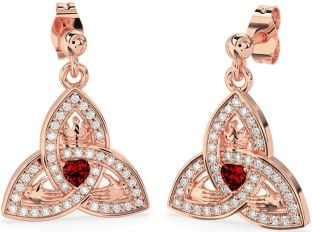 Diamond Garnet Rose Gold Claddagh Trinity Knot Dangle Earrings