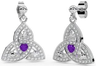 Diamond Amethyst Silver Claddagh Trinity Knot Dangle Earrings