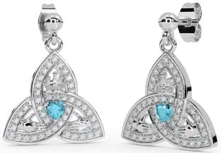 Diamond Aquamarine Silver Claddagh Trinity Knot Dangle Earrings