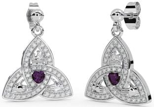 Diamond Alexandrite Silver Claddagh Trinity Knot Dangle Earrings