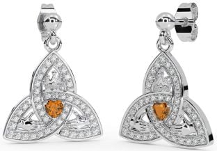 Diamond Citrine Silver Claddagh Trinity Knot Dangle Earrings