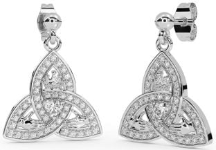 Diamond Silver Claddagh Trinity Knot Dangle Earrings