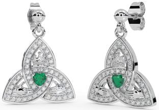 Diamond Emerald Silver Claddagh Trinity Knot Dangle Earrings