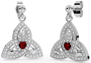 Diamond Garnet Silver Claddagh Trinity Knot Dangle Earrings