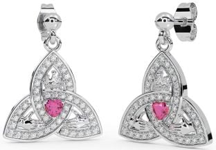 Diamond Pink Tourmaline Silver Claddagh Trinity Knot Dangle Earrings