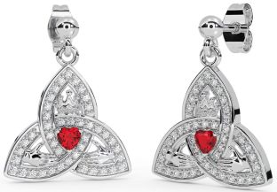 Diamond Ruby Silver Claddagh Trinity Knot Dangle Earrings