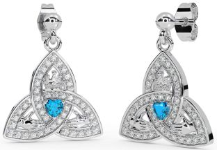 Diamond Topaz Silver Claddagh Trinity Knot Dangle Earrings