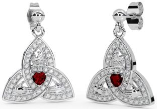 Diamond Garnet White Gold Claddagh Trinity Knot Dangle Earrings