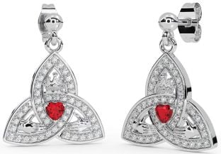 Diamond Ruby White Gold Claddagh Trinity Knot Dangle Earrings