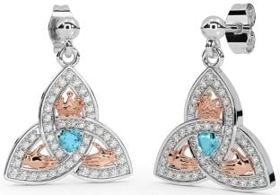 Diamant Aquamarin Weiß Rose Gold Claddagh Dreieinigkeit Knoten Baumeln Ohrringe