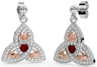 Diamond Garnet White Rose Gold Claddagh Trinity Knot Dangle Earrings