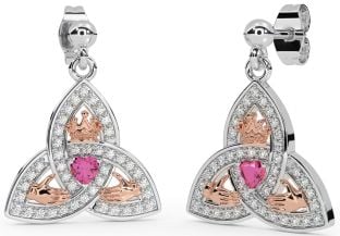 Diamant Rosa Turmalin Weiß Rose Gold Claddagh Dreieinigkeit Knoten Baumeln Ohrringe