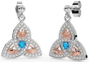 Diamond Topaz White Rose Gold Claddagh Trinity Knot Dangle Earrings