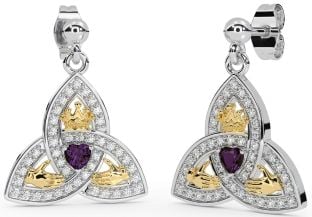 Diamant Alexandrite Blanc Jaune Or Claddagh Trinité Noeud Pendre Des boucles d'oreilles