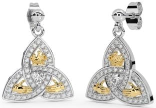 Diamant Weiß Gelb Gold Claddagh Dreieinigkeit Knoten Baumeln Ohrringe