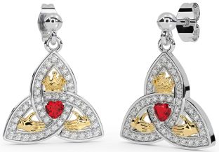 Diamant Rubin Weiß Gelb Gold Claddagh Dreieinigkeit Knoten Baumeln Ohrringe