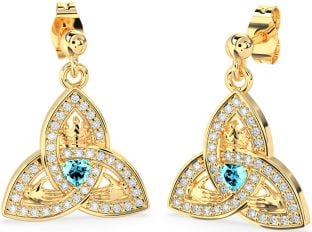 Diamond Aquamarine Gold Claddagh Trinity Knot Dangle Earrings