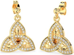 Diamond Citrine Gold Claddagh Trinity Knot Dangle Earrings