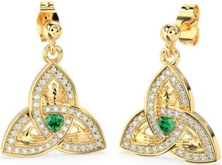 Diamond Emerald Gold Claddagh Trinity Knot Dangle Earrings