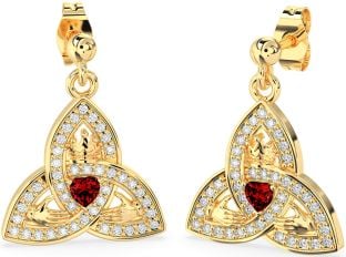 Diamond Garnet Gold Claddagh Trinity Knot Dangle Earrings