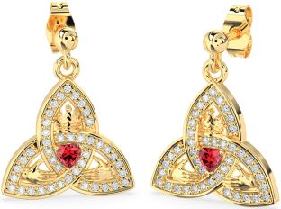 Diamond Ruby Gold Claddagh Trinity Knot Dangle Earrings