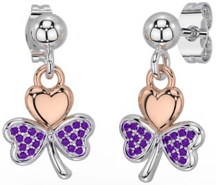 Amethyst Rose Gold Silver Shamrock Dangle Earrings