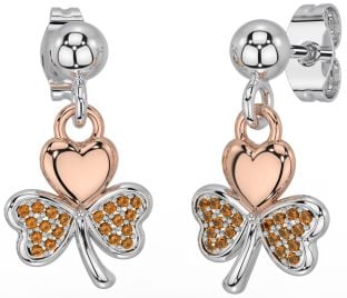 Citrine Rose Gold Silver Shamrock Dangle Earrings