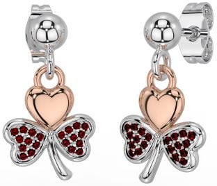 Garnet Rose Gold Silver Shamrock Dangle Earrings