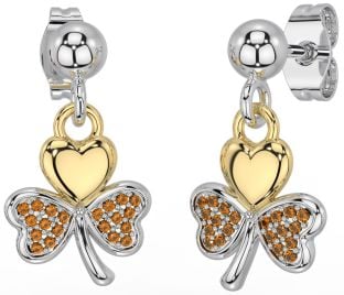 Citrine Gold Silver Shamrock Dangle Earrings