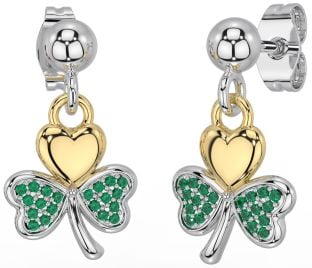 Emerald Gold Silver Shamrock Dangle Earrings