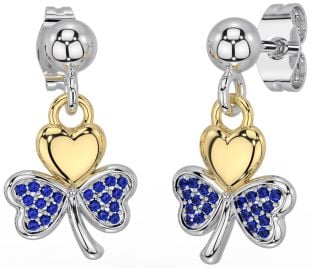 Sapphire Gold Silver Shamrock Dangle Earrings