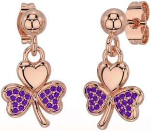 Amethyst Rose Gold Silver Shamrock Dangle Earrings