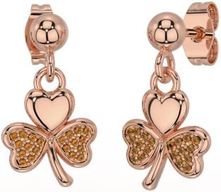 Citrine Rose Gold Silver Shamrock Dangle Earrings