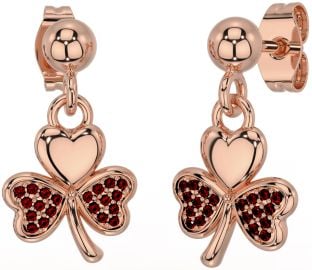 Garnet Rose Gold Silver Shamrock Dangle Earrings