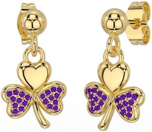 Amethyst Gold Silver Shamrock Dangle Earrings