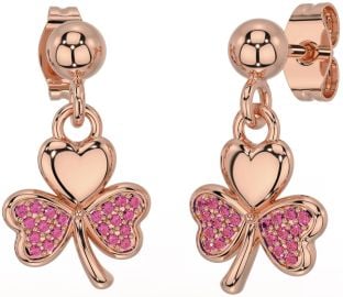 Pink Tourmaline Rose Gold Shamrock Dangle Earrings