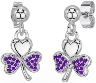 Amethyst Silver Shamrock Dangle Earrings