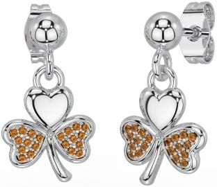 Citrine Silver Shamrock Dangle Earrings