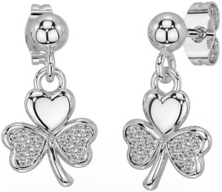 Diamond Silver Shamrock Dangle Earrings