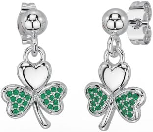 Emerald Silver Shamrock Dangle Earrings