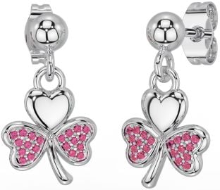 Pink Tourmaline Silver Shamrock Dangle Earrings